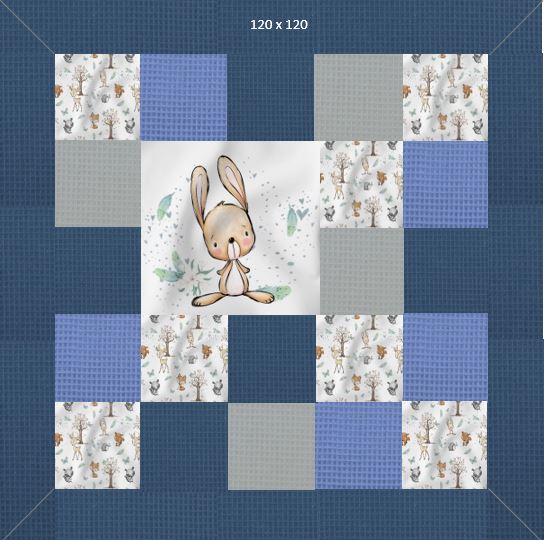 Patchwork-Krabbeldecke Waldtiere Hase Blau