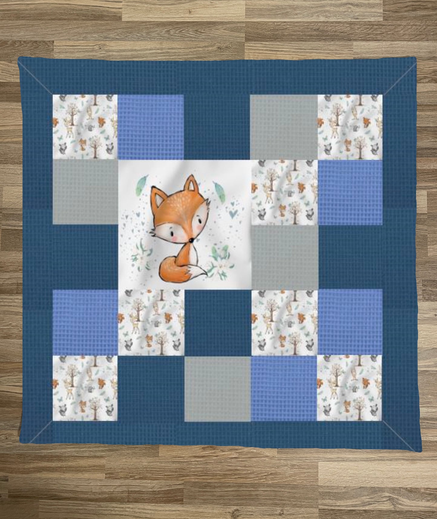 Patchwork-Krabbeldecke Waldtiere Fuchs Blau