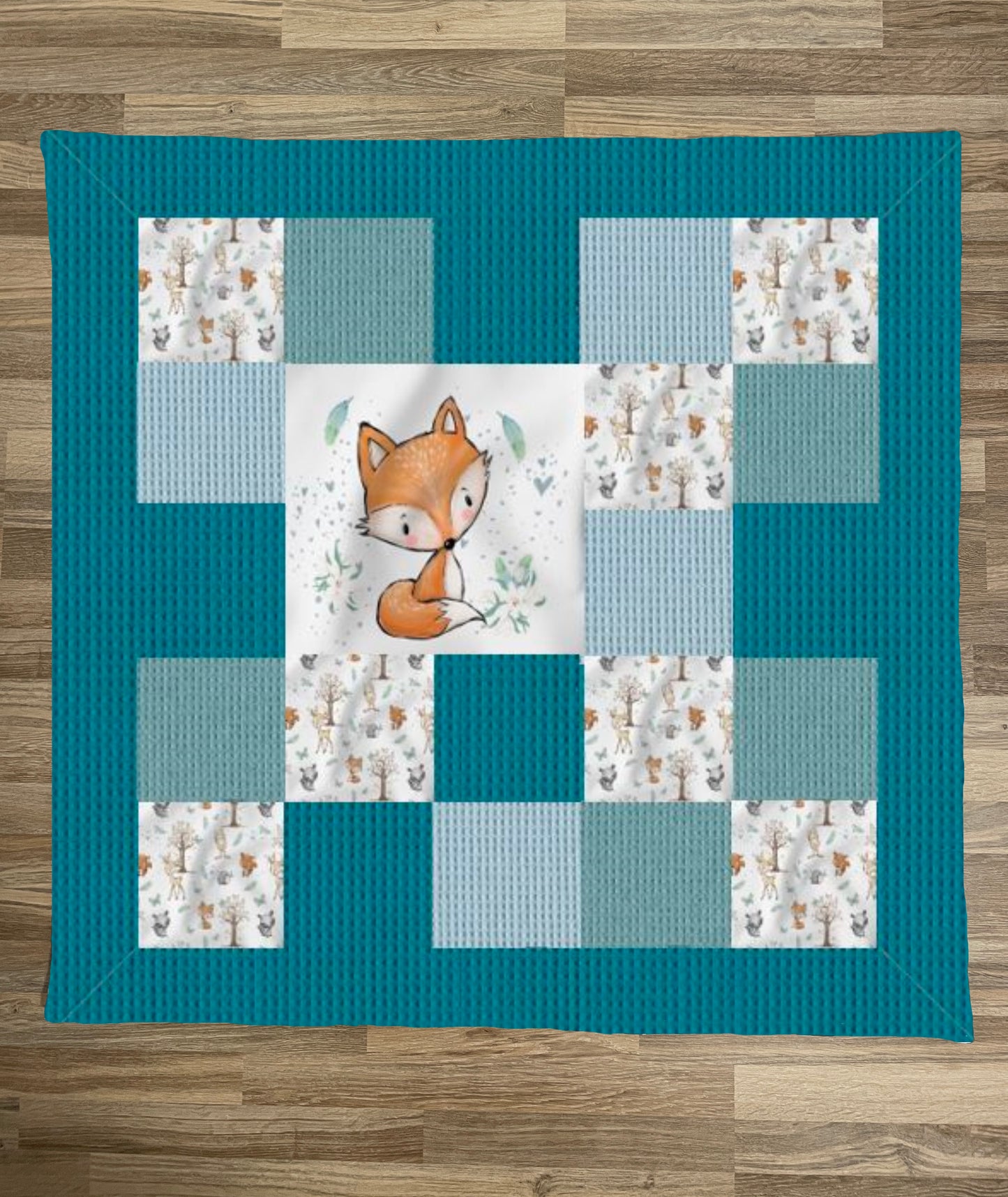 Patchwork-Krabbeldecke Waldtiere Fuchs Petrol