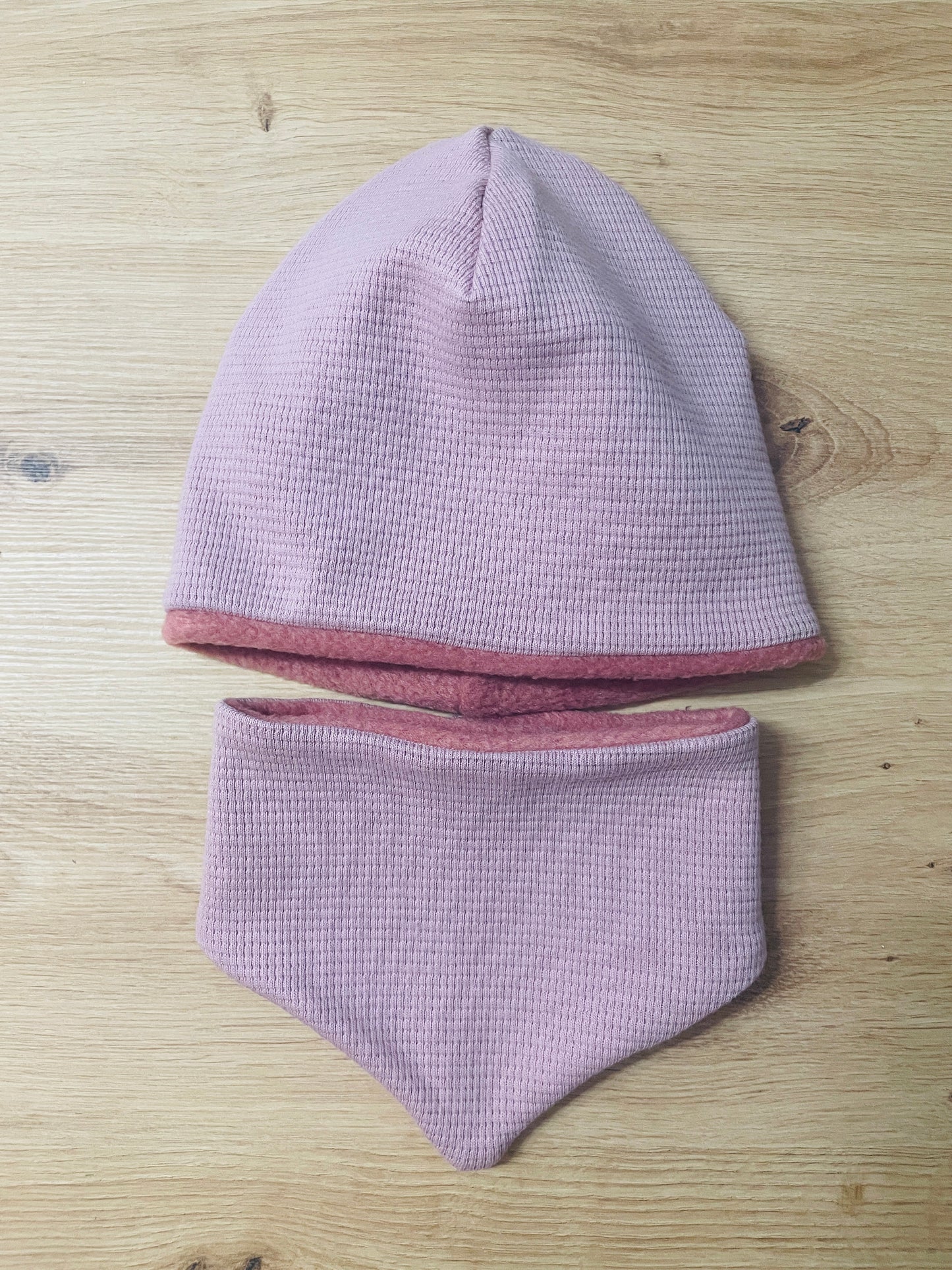 Mütze mit Loop/Dreieckstuch Waffeljersey Rosa